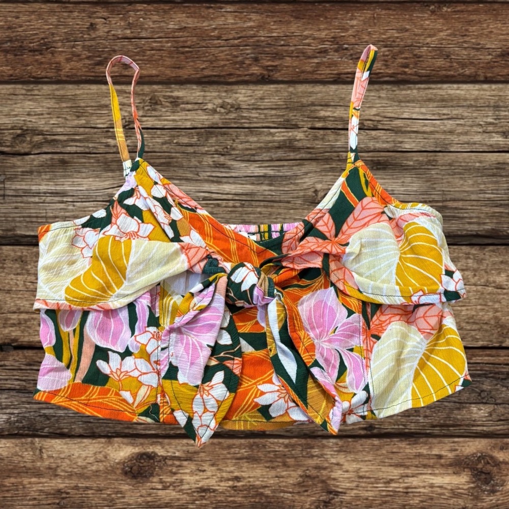 Aerie Tropical Floral Tie Front Smocked Back Crop Top Bohemian Festival Beach S - Picture 3 of 13